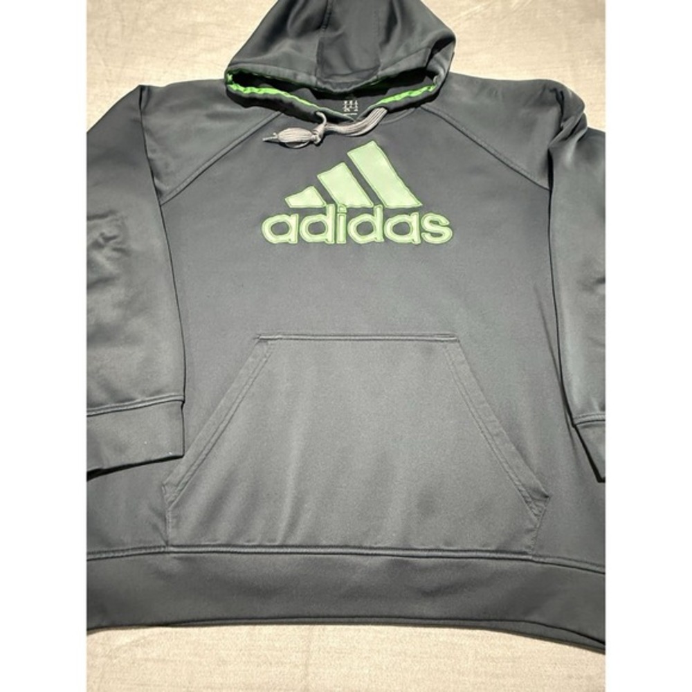Adidas Mens Gray Pullover Hoodie Lime Green Logo Athletic Sweatshirt XL‎